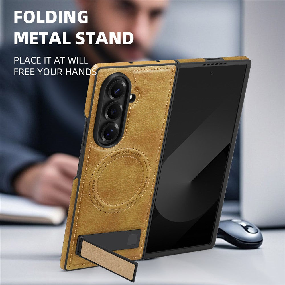For Samsung Galaxy Z Fold7 5G Case Compatible with MagSafe Kickstand Leather Phone Back Cover - Brown
