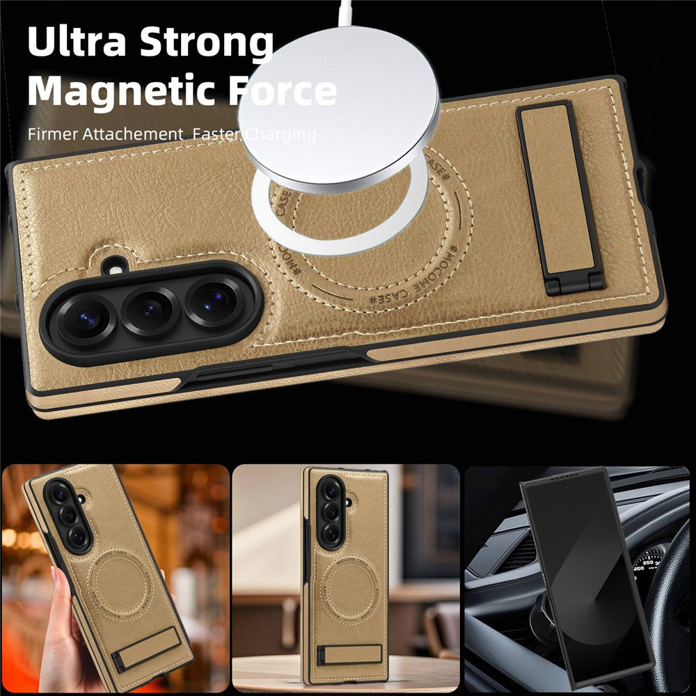 For Samsung Galaxy Z Fold7 5G Case Compatible with MagSafe Kickstand Leather Phone Back Cover - Desert Gold