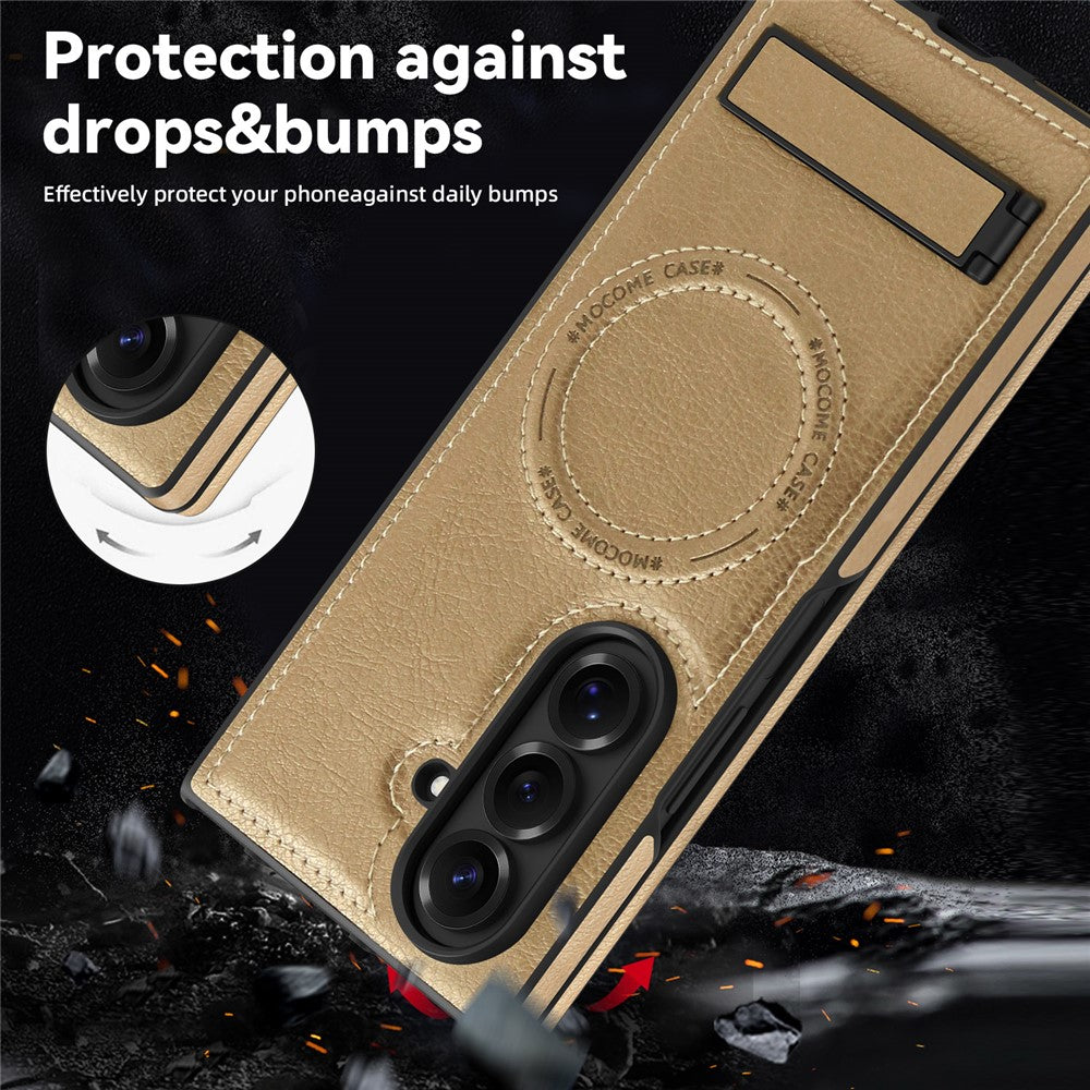 For Samsung Galaxy Z Fold7 5G Case Compatible with MagSafe Kickstand Leather Phone Back Cover - Desert Gold