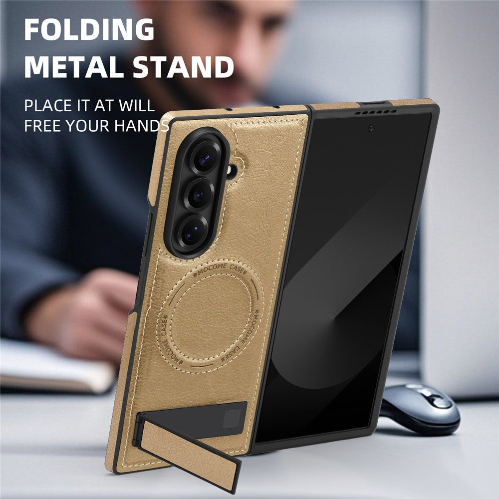 For Samsung Galaxy Z Fold7 5G Case Compatible with MagSafe Kickstand Leather Phone Back Cover - Desert Gold