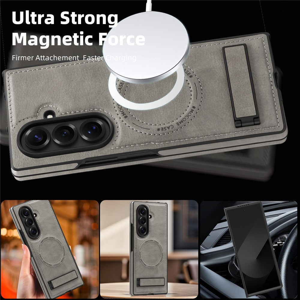 For Samsung Galaxy Z Fold7 5G Case Compatible with MagSafe Kickstand Leather Phone Back Cover - Grey
