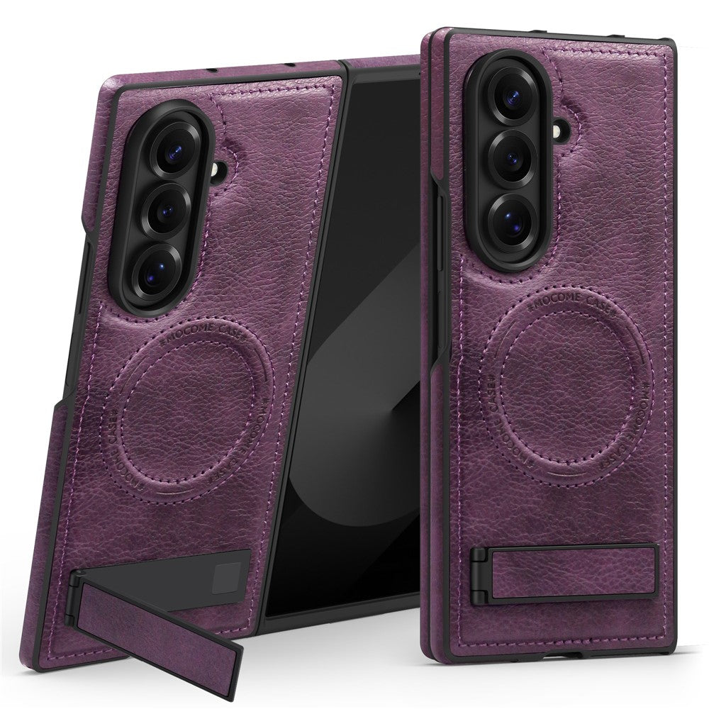 For Samsung Galaxy Z Fold7 5G Case Compatible with MagSafe Kickstand Leather Phone Back Cover - Dark Purple