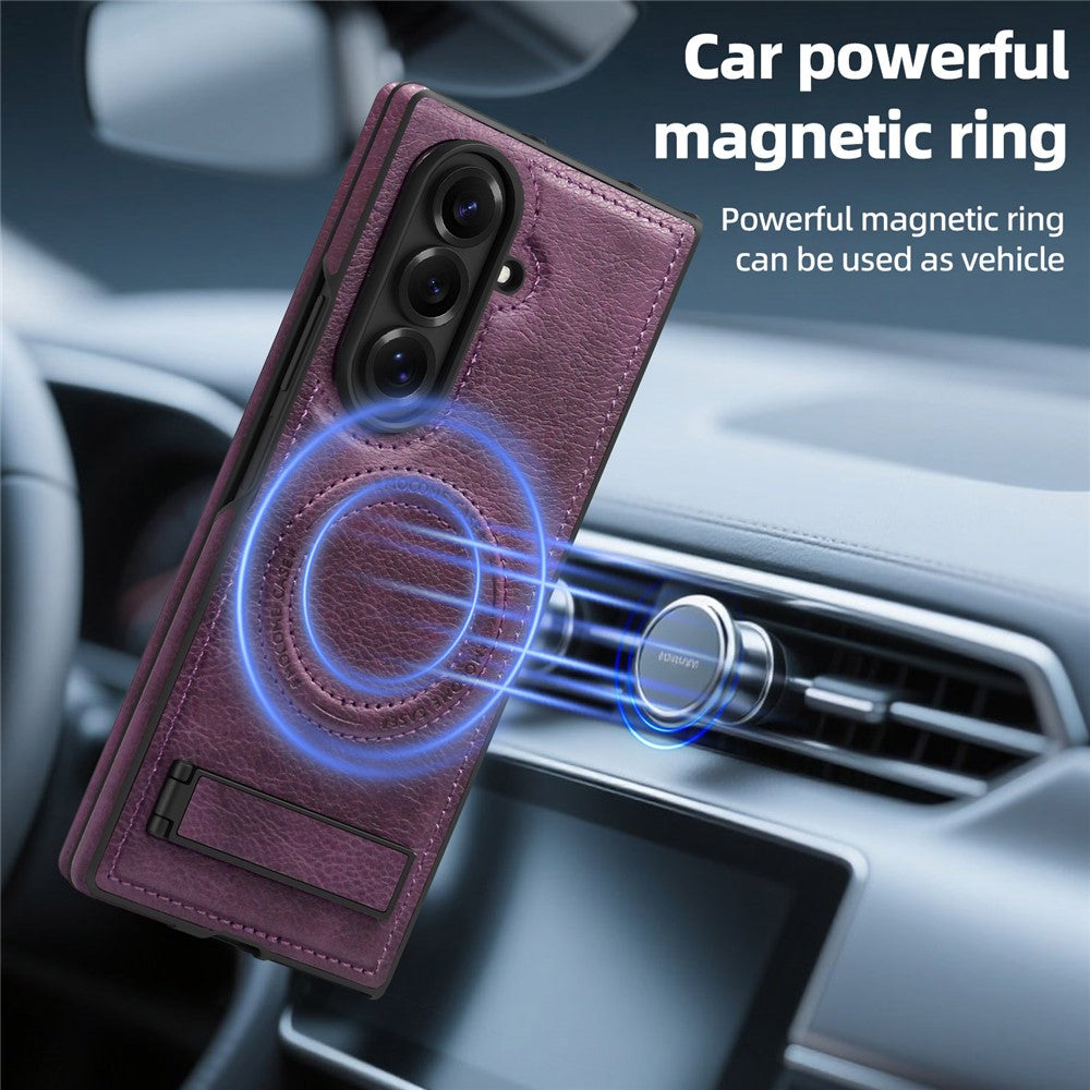 For Samsung Galaxy Z Fold7 5G Case Compatible with MagSafe Kickstand Leather Phone Back Cover - Dark Purple