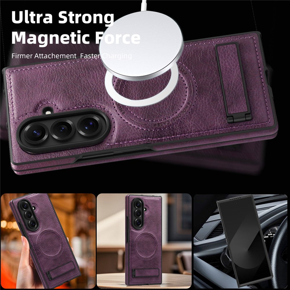 For Samsung Galaxy Z Fold7 5G Case Compatible with MagSafe Kickstand Leather Phone Back Cover - Dark Purple