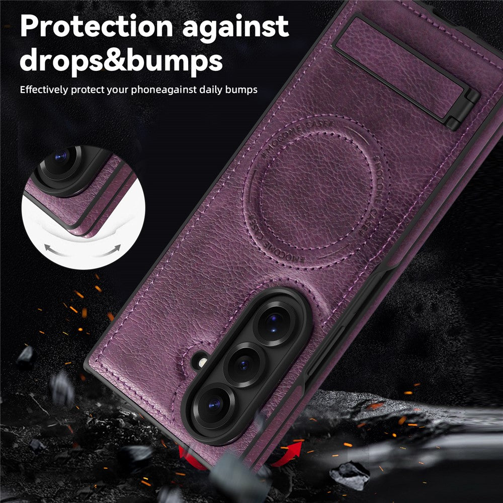 For Samsung Galaxy Z Fold7 5G Case Compatible with MagSafe Kickstand Leather Phone Back Cover - Dark Purple