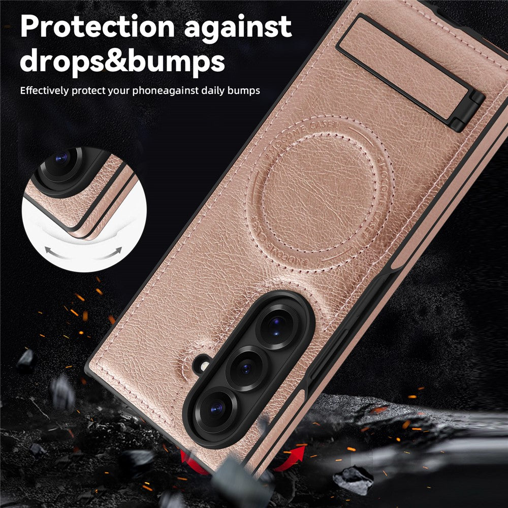 For Samsung Galaxy Z Fold7 5G Case Compatible with MagSafe Kickstand Leather Phone Back Cover - Rose Gold