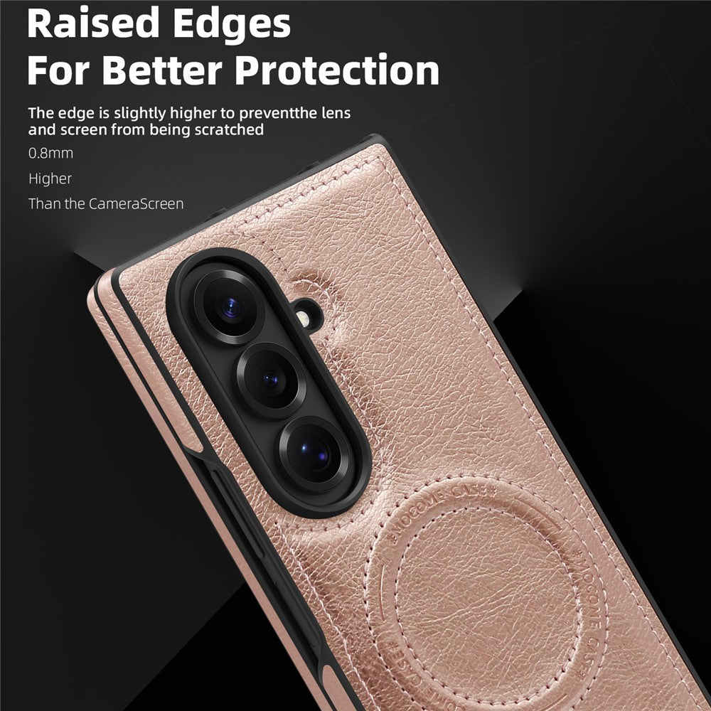 For Samsung Galaxy Z Fold7 5G Case Compatible with MagSafe Kickstand Leather Phone Back Cover - Rose Gold