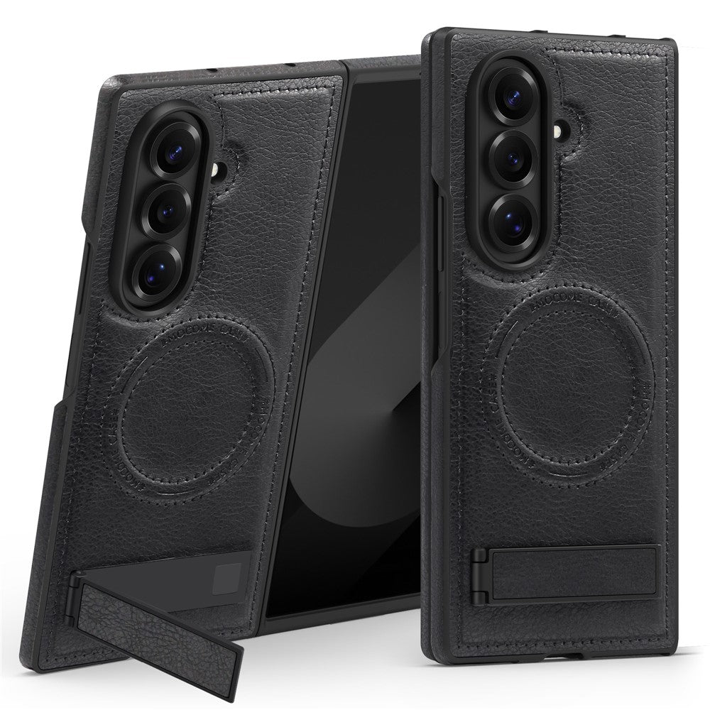 For Samsung Galaxy Z Fold7 5G Case Compatible with MagSafe Kickstand Leather Phone Back Cover - Black