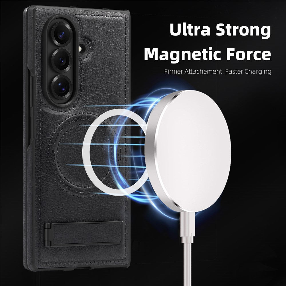 For Samsung Galaxy Z Fold7 5G Case Compatible with MagSafe Kickstand Leather Phone Back Cover - Black