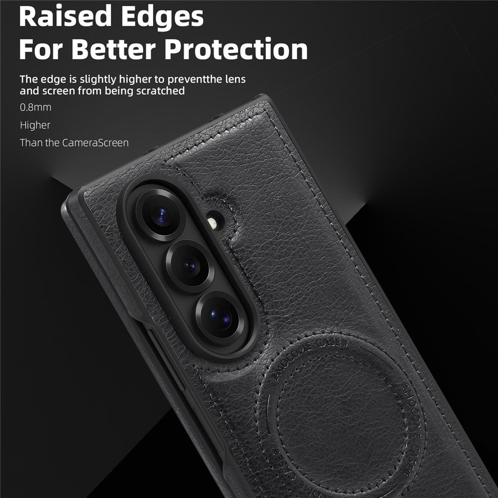 For Samsung Galaxy Z Fold7 5G Case Compatible with MagSafe Kickstand Leather Phone Back Cover - Black