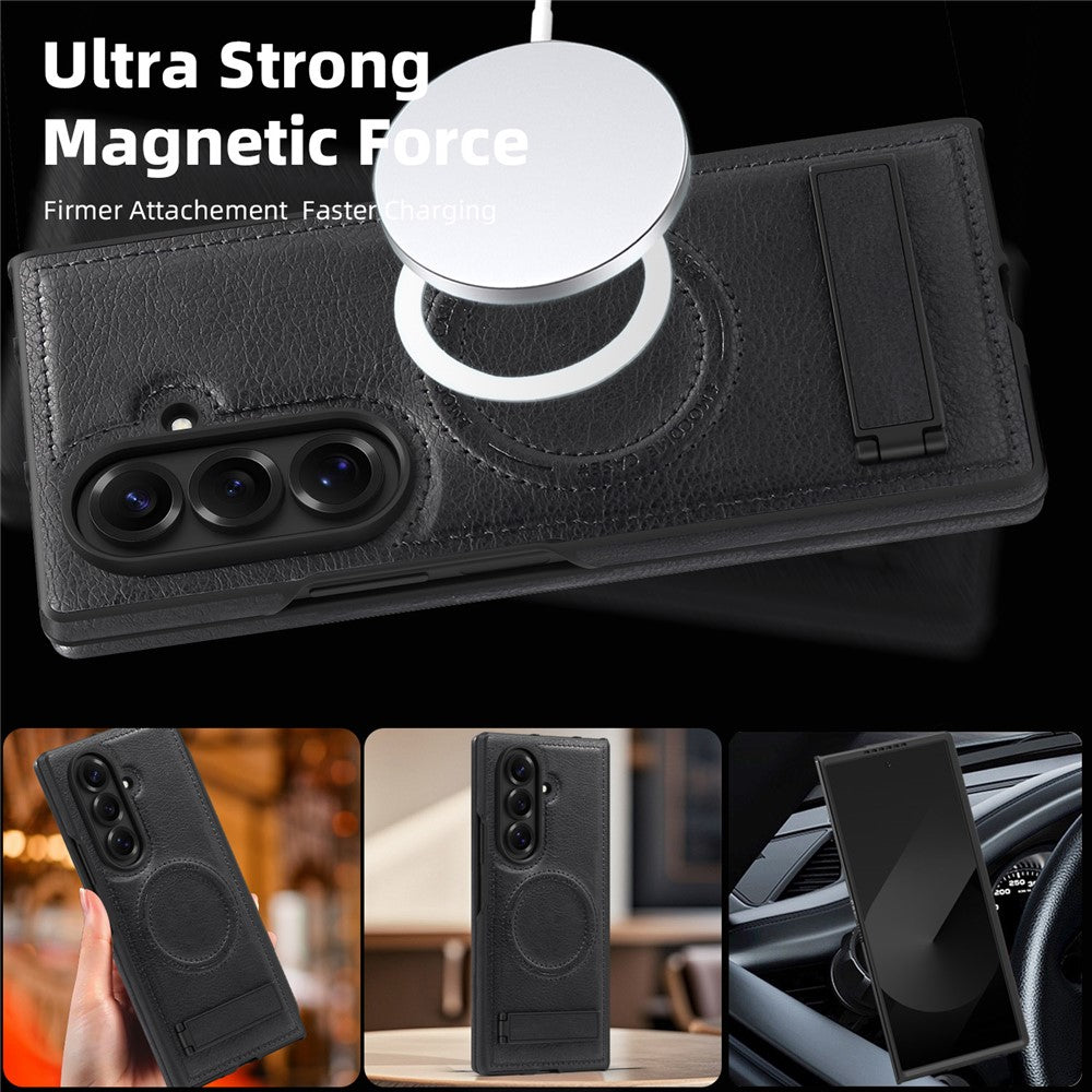 For Samsung Galaxy Z Fold7 5G Case Compatible with MagSafe Kickstand Leather Phone Back Cover - Black