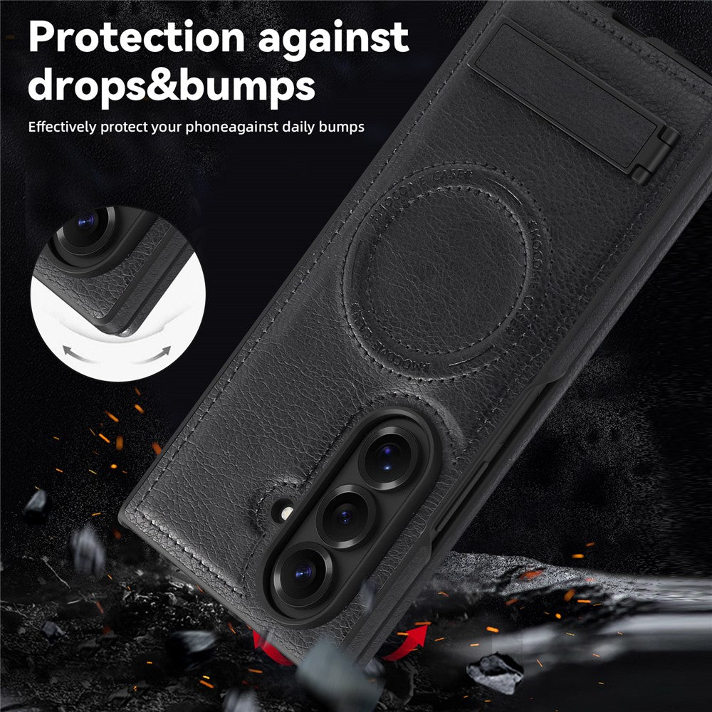 For Samsung Galaxy Z Fold7 5G Case Compatible with MagSafe Kickstand Leather Phone Back Cover - Black