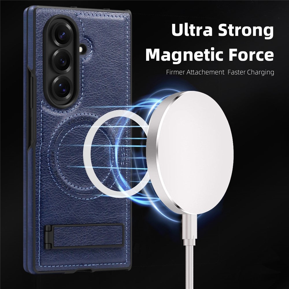 For Samsung Galaxy Z Fold7 5G Case Compatible with MagSafe Kickstand Leather Phone Back Cover - Sapphire