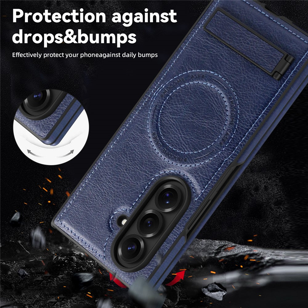 For Samsung Galaxy Z Fold7 5G Case Compatible with MagSafe Kickstand Leather Phone Back Cover - Sapphire
