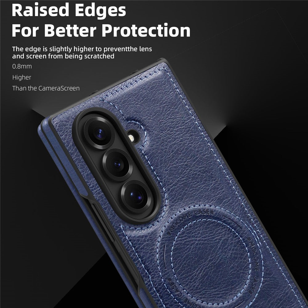 For Samsung Galaxy Z Fold7 5G Case Compatible with MagSafe Kickstand Leather Phone Back Cover - Sapphire