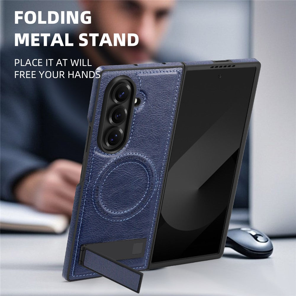 For Samsung Galaxy Z Fold7 5G Case Compatible with MagSafe Kickstand Leather Phone Back Cover - Sapphire