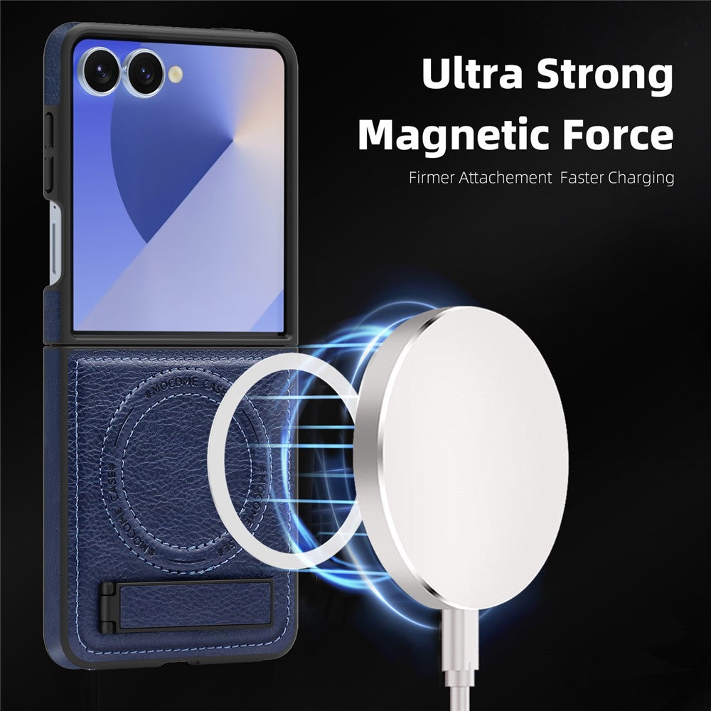 For Samsung Galaxy Z Flip7 5G Case Compatible with MagSafe Kickstand Leather Phone Back Cover - Sapphire
