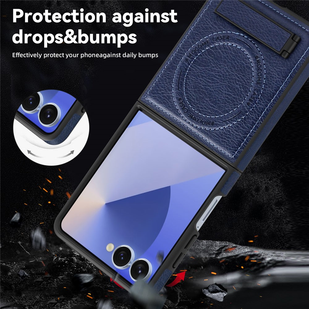 For Samsung Galaxy Z Flip7 5G Case Compatible with MagSafe Kickstand Leather Phone Back Cover - Sapphire