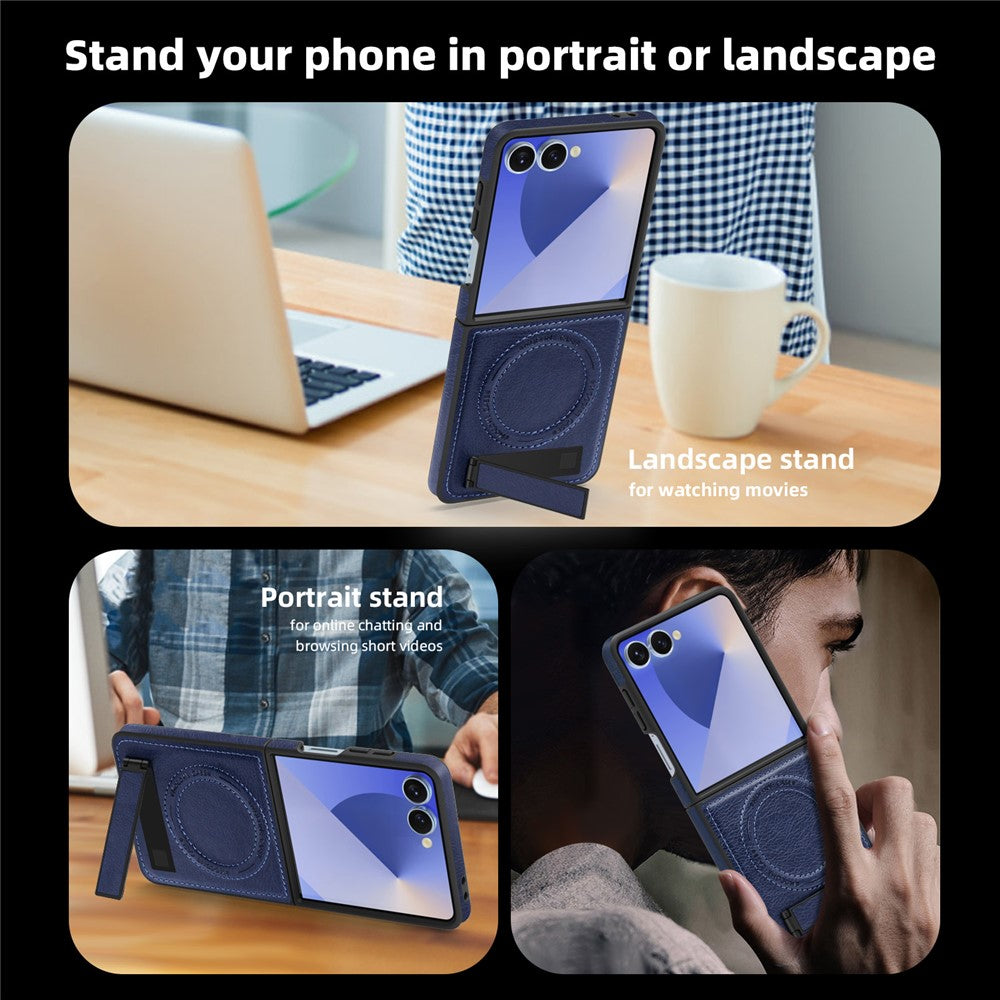 For Samsung Galaxy Z Flip7 5G Case Compatible with MagSafe Kickstand Leather Phone Back Cover - Sapphire