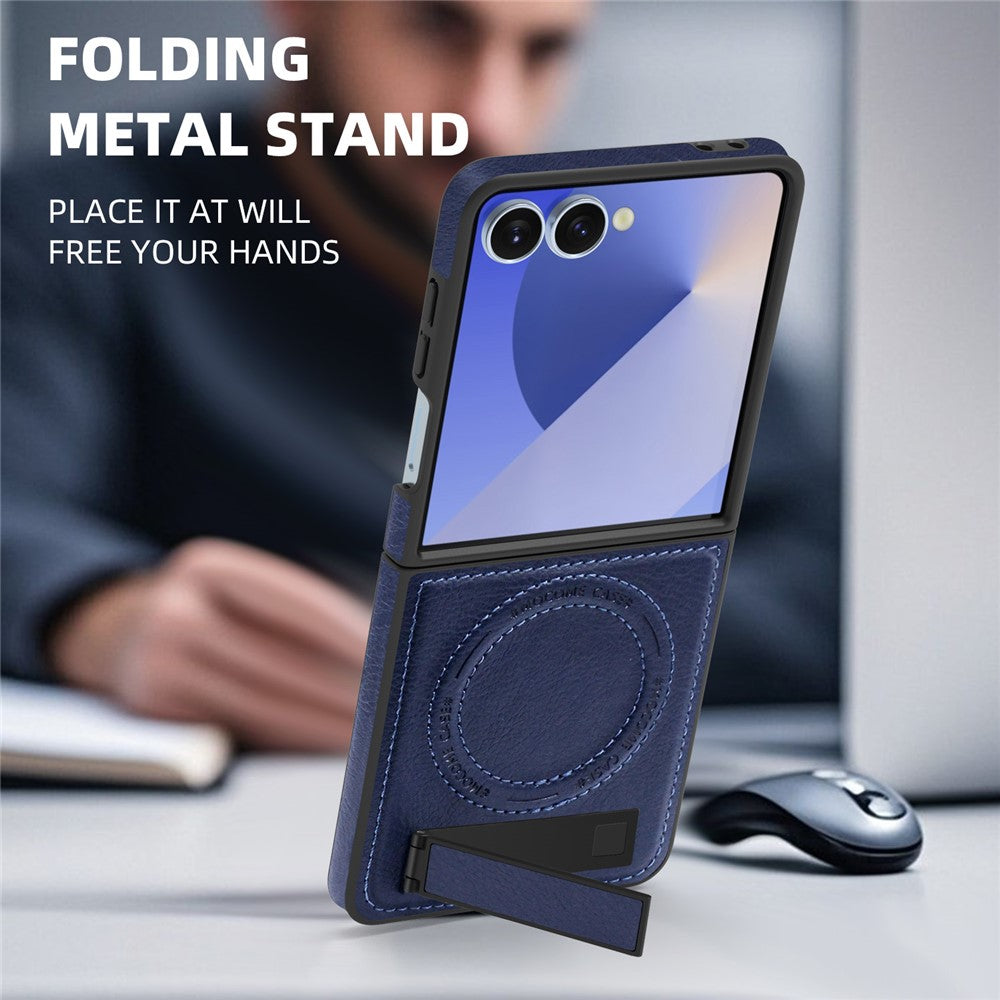 For Samsung Galaxy Z Flip7 5G Case Compatible with MagSafe Kickstand Leather Phone Back Cover - Sapphire