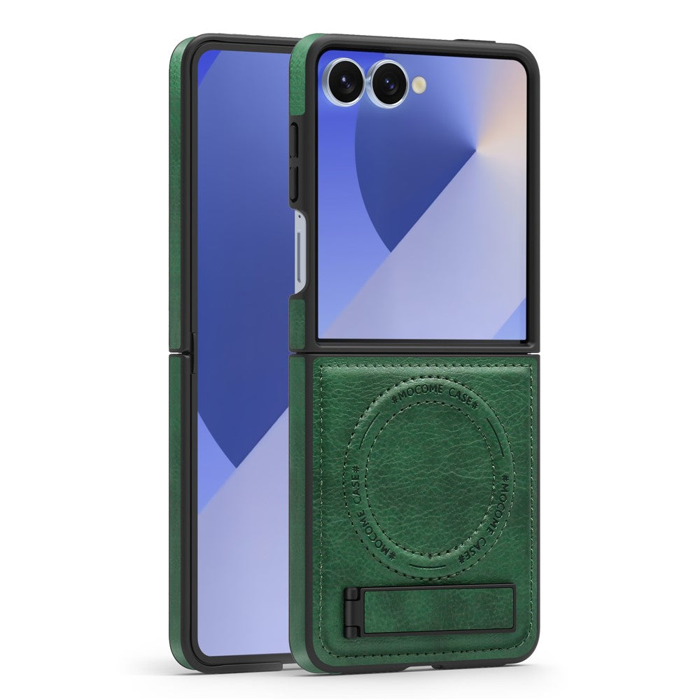 For Samsung Galaxy Z Flip7 5G Case Compatible with MagSafe Kickstand Leather Phone Back Cover - Blackish Green