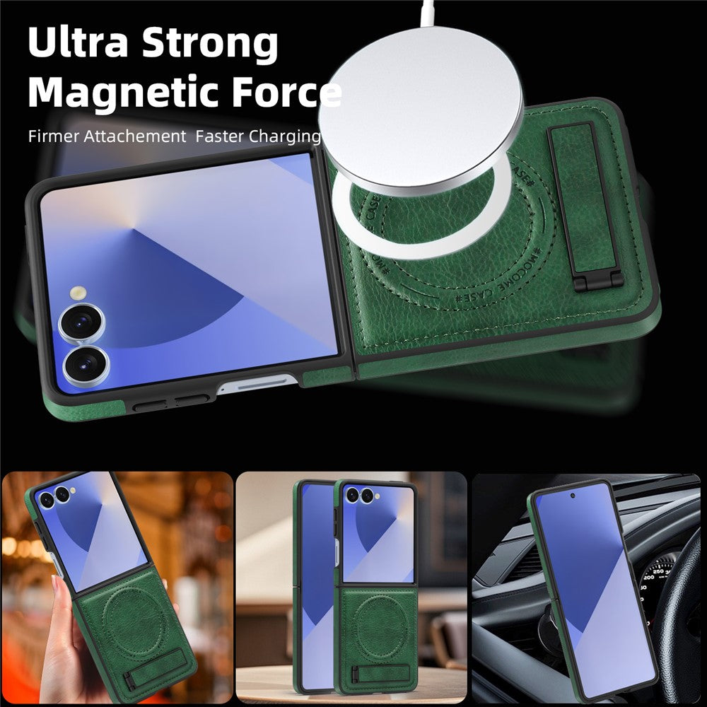For Samsung Galaxy Z Flip7 5G Case Compatible with MagSafe Kickstand Leather Phone Back Cover - Blackish Green