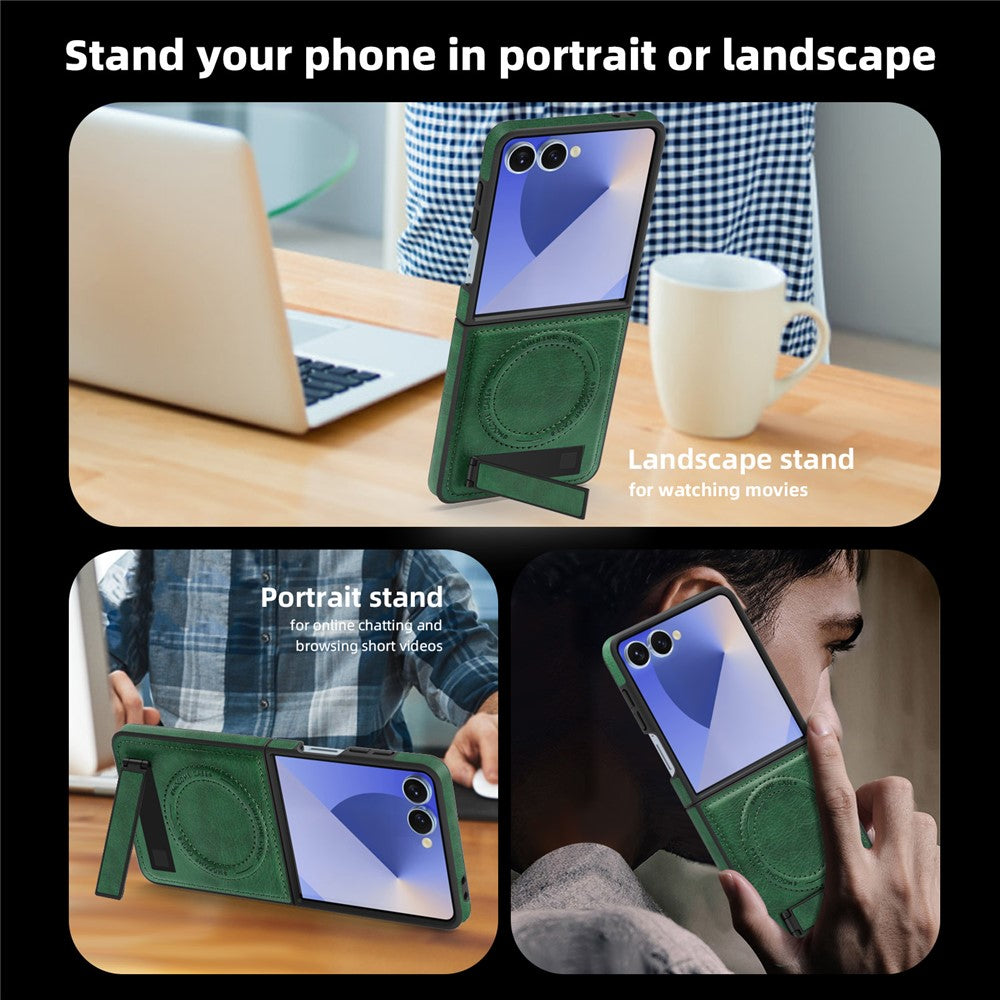 For Samsung Galaxy Z Flip7 5G Case Compatible with MagSafe Kickstand Leather Phone Back Cover - Blackish Green