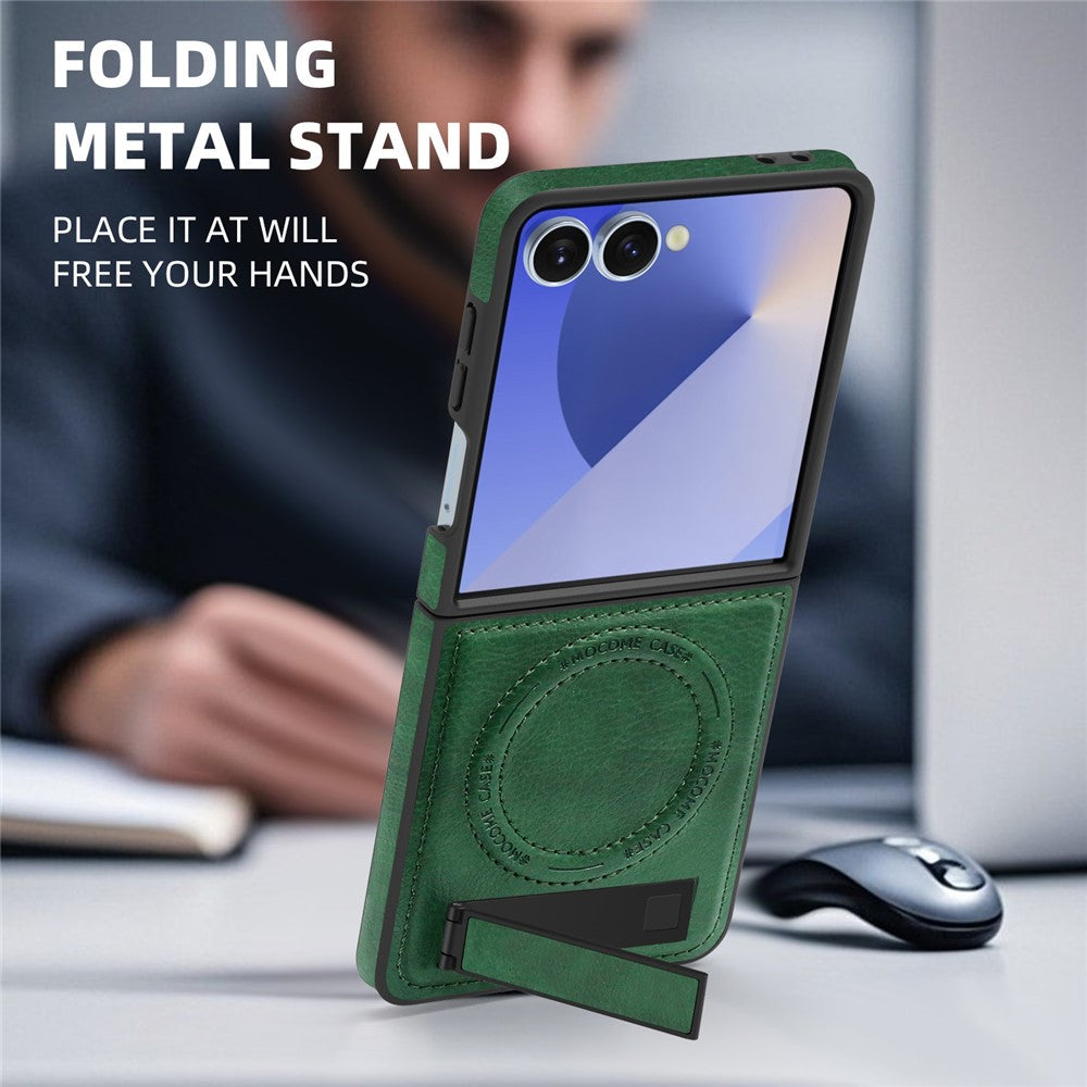 For Samsung Galaxy Z Flip7 5G Case Compatible with MagSafe Kickstand Leather Phone Back Cover - Blackish Green