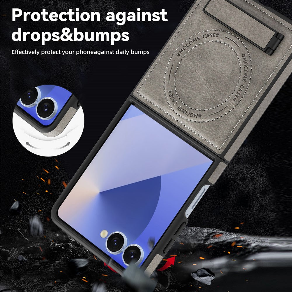 For Samsung Galaxy Z Flip7 5G Case Compatible with MagSafe Kickstand Leather Phone Back Cover - Grey