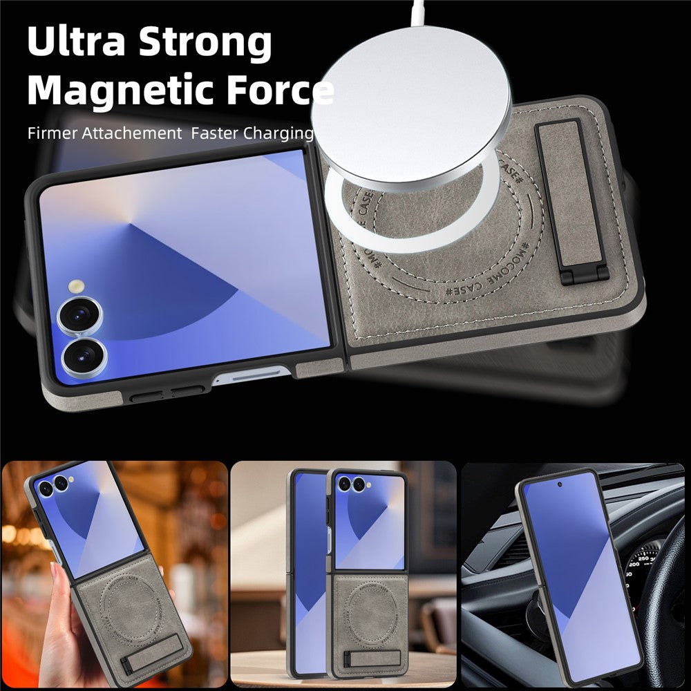 For Samsung Galaxy Z Flip7 5G Case Compatible with MagSafe Kickstand Leather Phone Back Cover - Grey