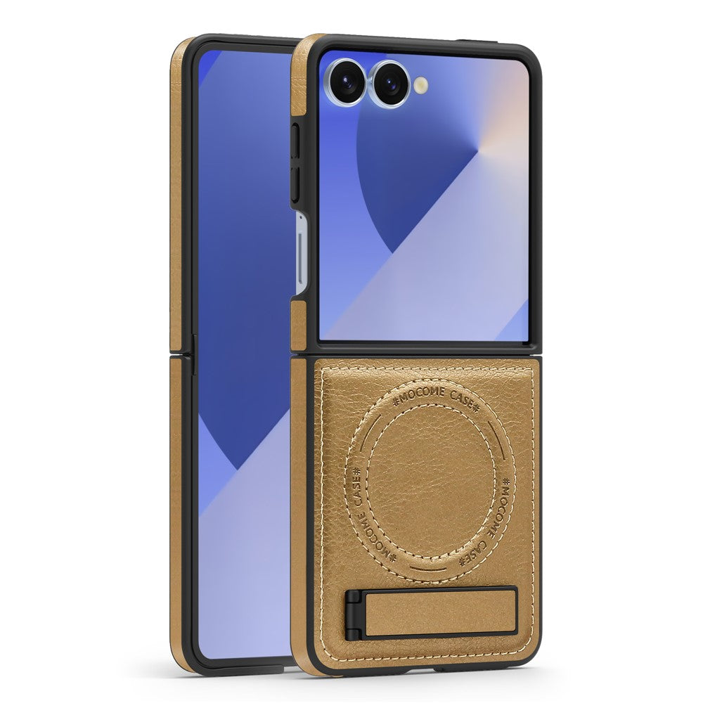 For Samsung Galaxy Z Flip7 5G Case Compatible with MagSafe Kickstand Leather Phone Back Cover - Desert Gold
