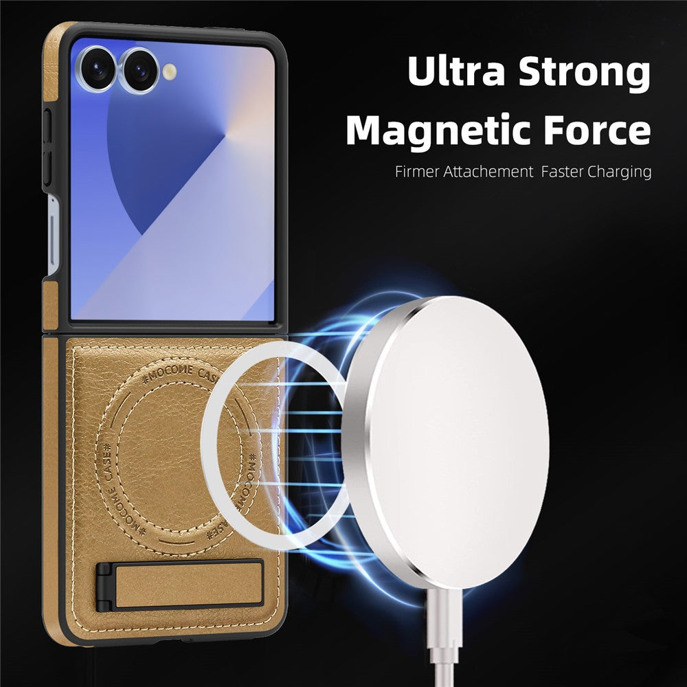 For Samsung Galaxy Z Flip7 5G Case Compatible with MagSafe Kickstand Leather Phone Back Cover - Desert Gold