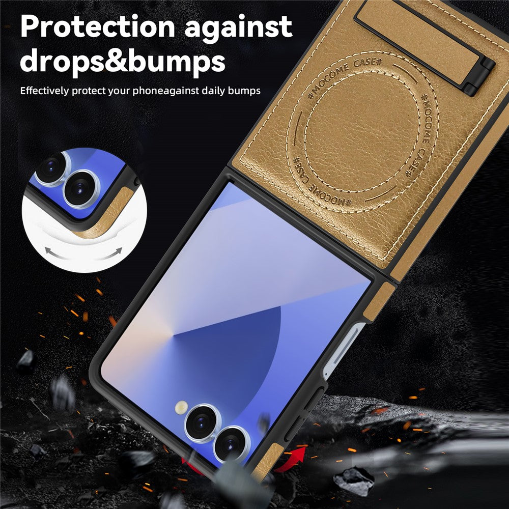 For Samsung Galaxy Z Flip7 5G Case Compatible with MagSafe Kickstand Leather Phone Back Cover - Desert Gold