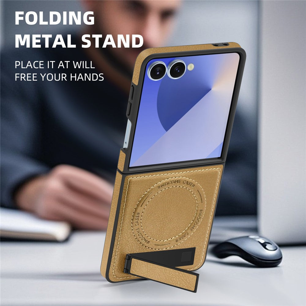 For Samsung Galaxy Z Flip7 5G Case Compatible with MagSafe Kickstand Leather Phone Back Cover - Desert Gold