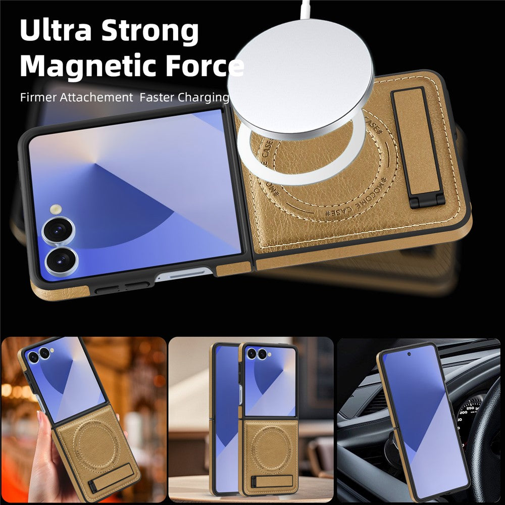 For Samsung Galaxy Z Flip7 5G Case Compatible with MagSafe Kickstand Leather Phone Back Cover - Desert Gold