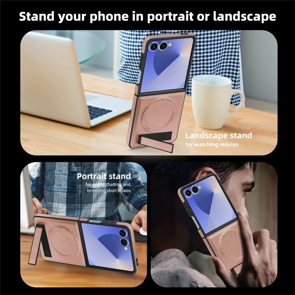 For Samsung Galaxy Z Flip7 5G Case Compatible with MagSafe Kickstand Leather Phone Back Cover - Rose Gold