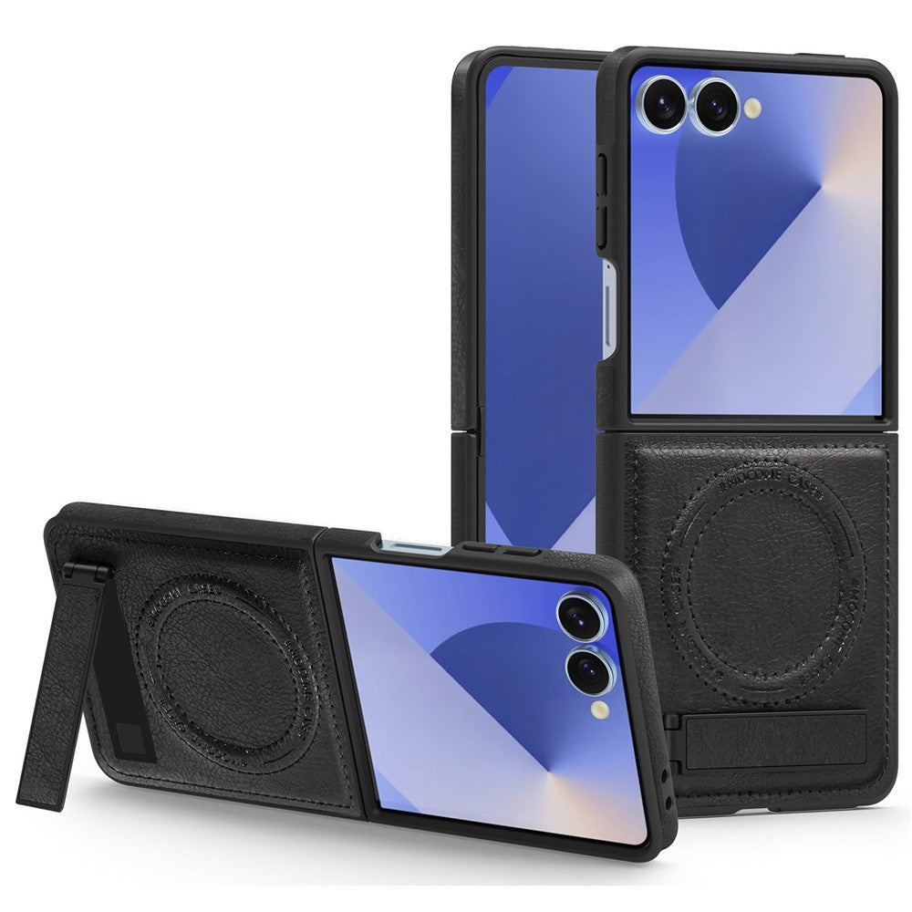 For Samsung Galaxy Z Flip7 5G Case Compatible with MagSafe Kickstand Leather Phone Back Cover - Black