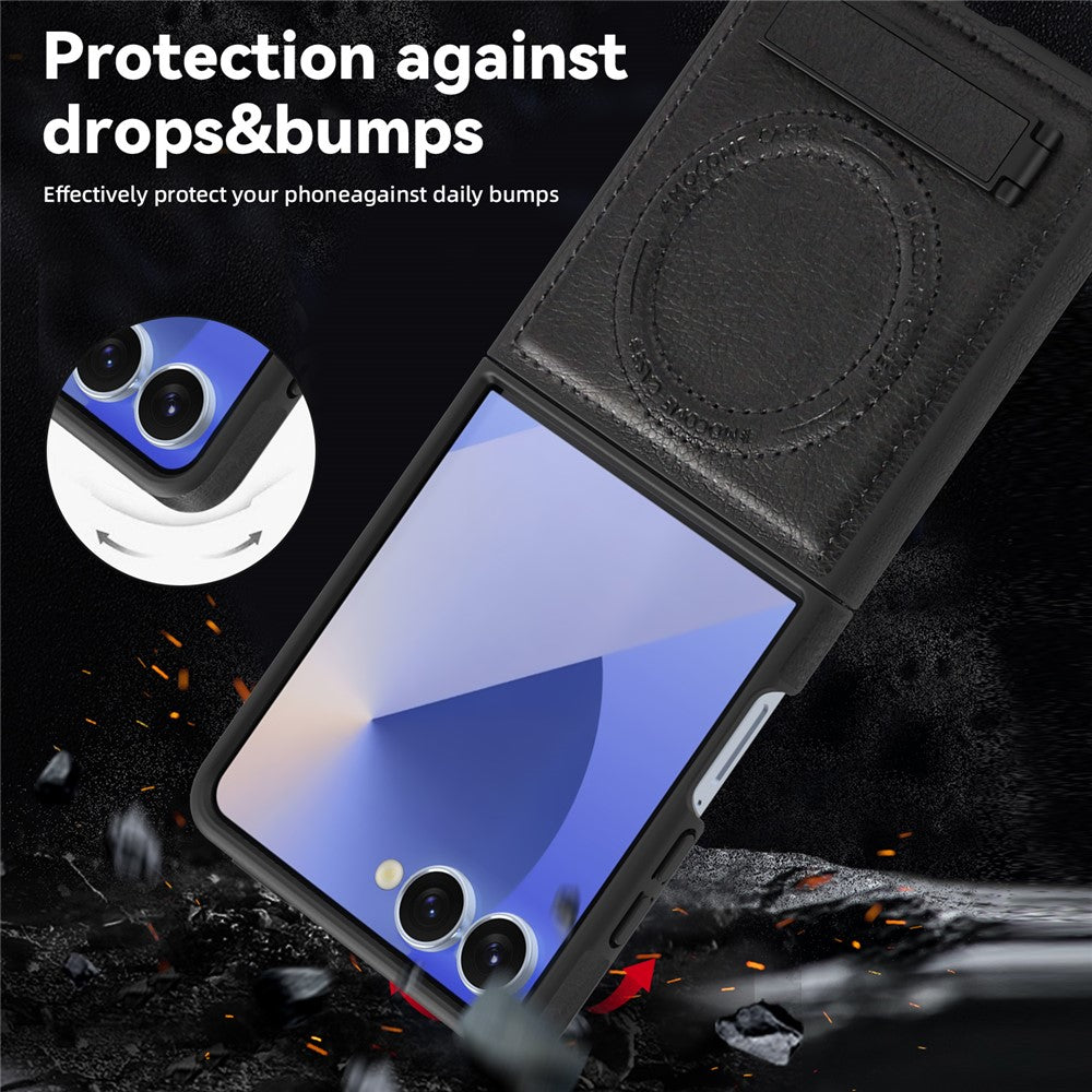 For Samsung Galaxy Z Flip7 5G Case Compatible with MagSafe Kickstand Leather Phone Back Cover - Black