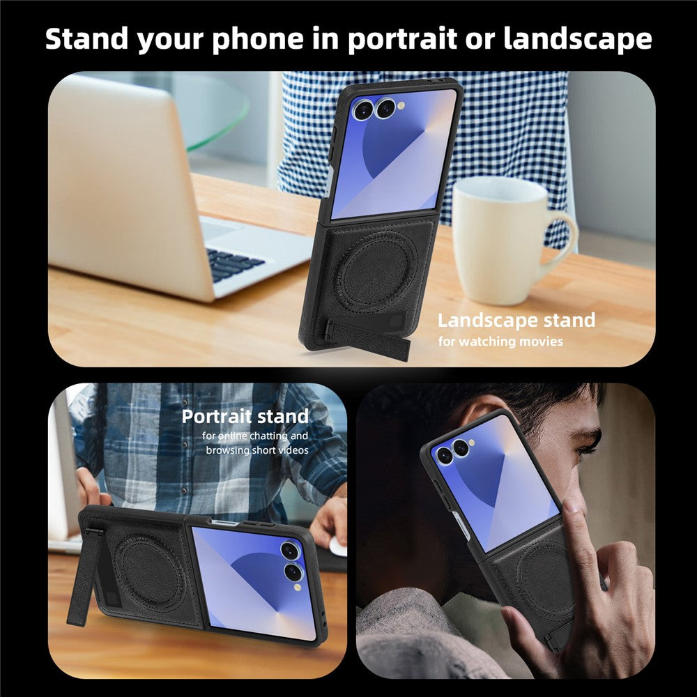For Samsung Galaxy Z Flip7 5G Case Compatible with MagSafe Kickstand Leather Phone Back Cover - Black