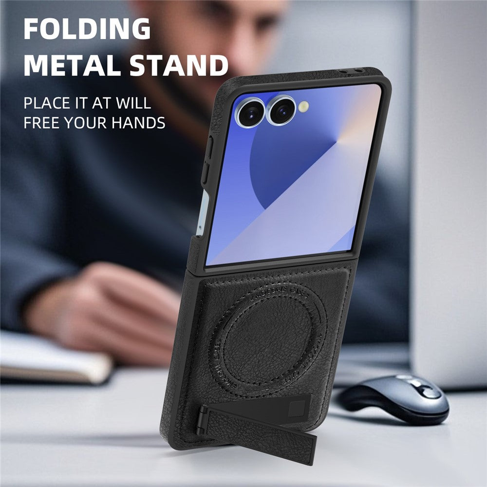 For Samsung Galaxy Z Flip7 5G Case Compatible with MagSafe Kickstand Leather Phone Back Cover - Black