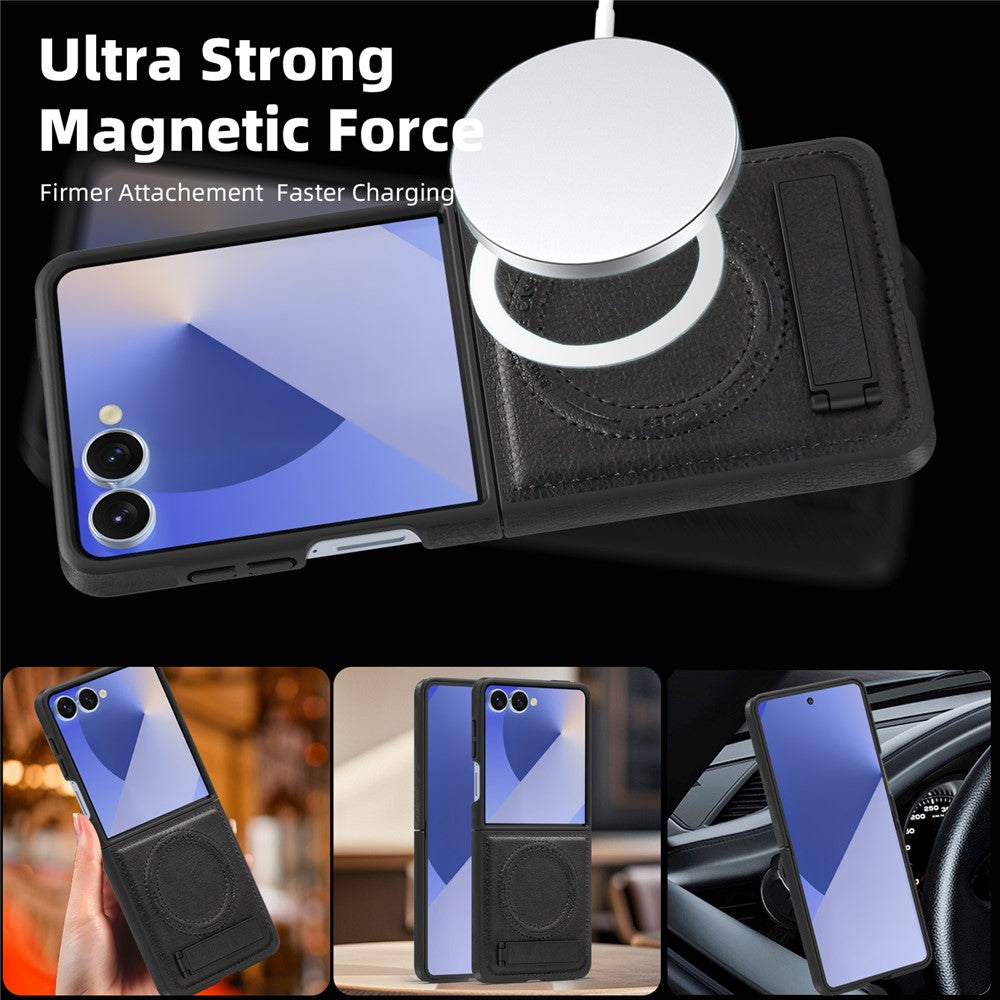 For Samsung Galaxy Z Flip7 5G Case Compatible with MagSafe Kickstand Leather Phone Back Cover - Black