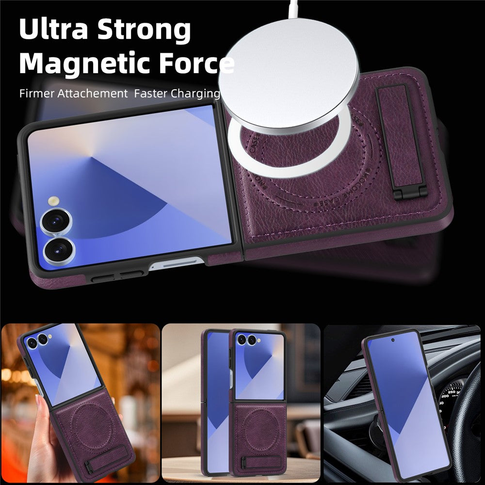 For Samsung Galaxy Z Flip7 5G Case Compatible with MagSafe Kickstand Leather Phone Back Cover - Dark Purple