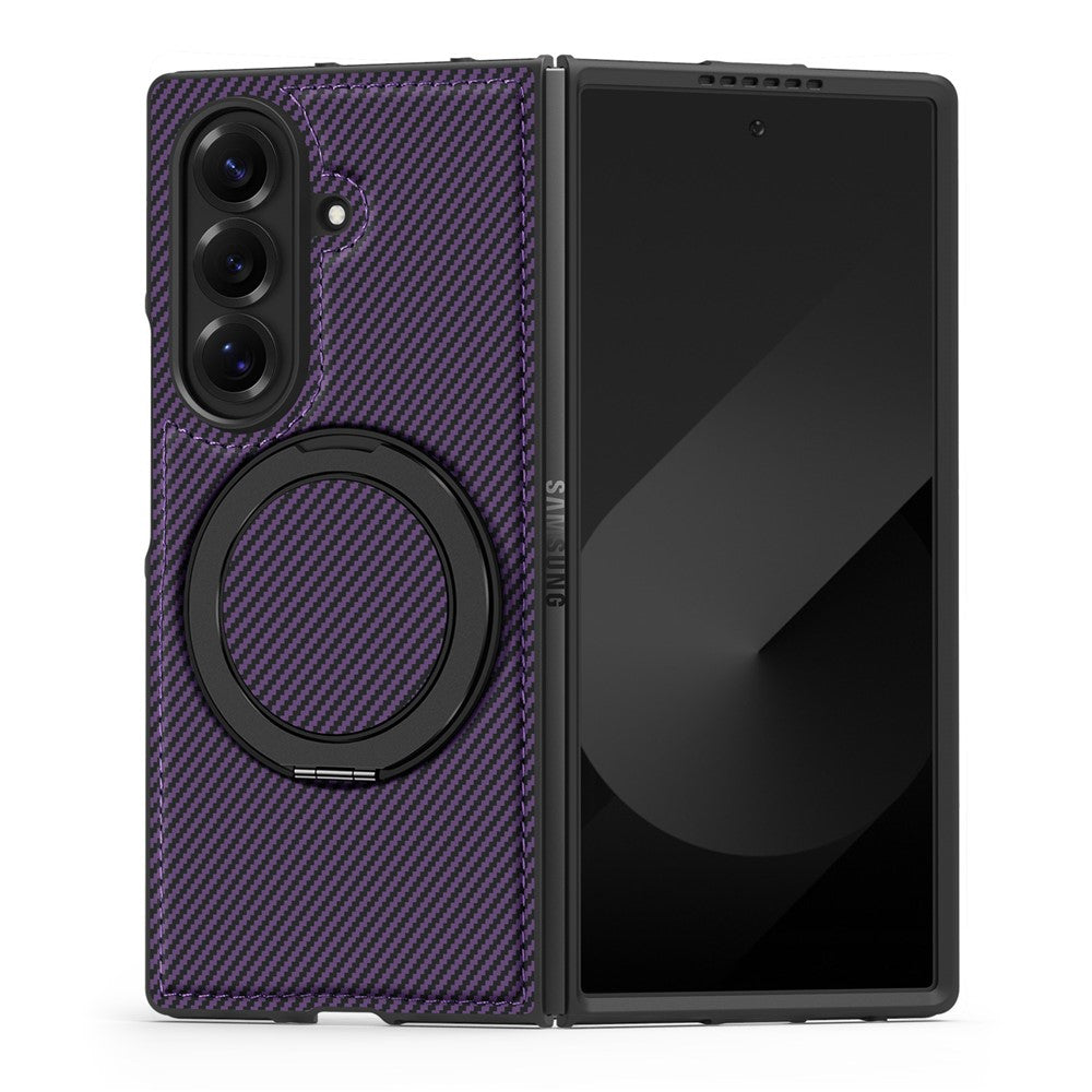 For Samsung Galaxy Z Fold7 5G Magnetic Case Carbon Fiber Texture PU + TPU Kickstand Phone Cover - Dark Purple