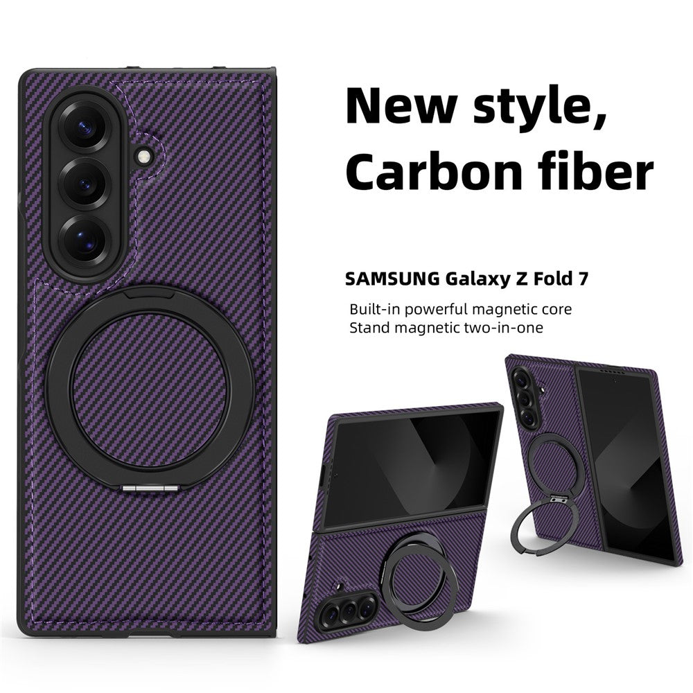 For Samsung Galaxy Z Fold7 5G Magnetic Case Carbon Fiber Texture PU + TPU Kickstand Phone Cover - Dark Purple
