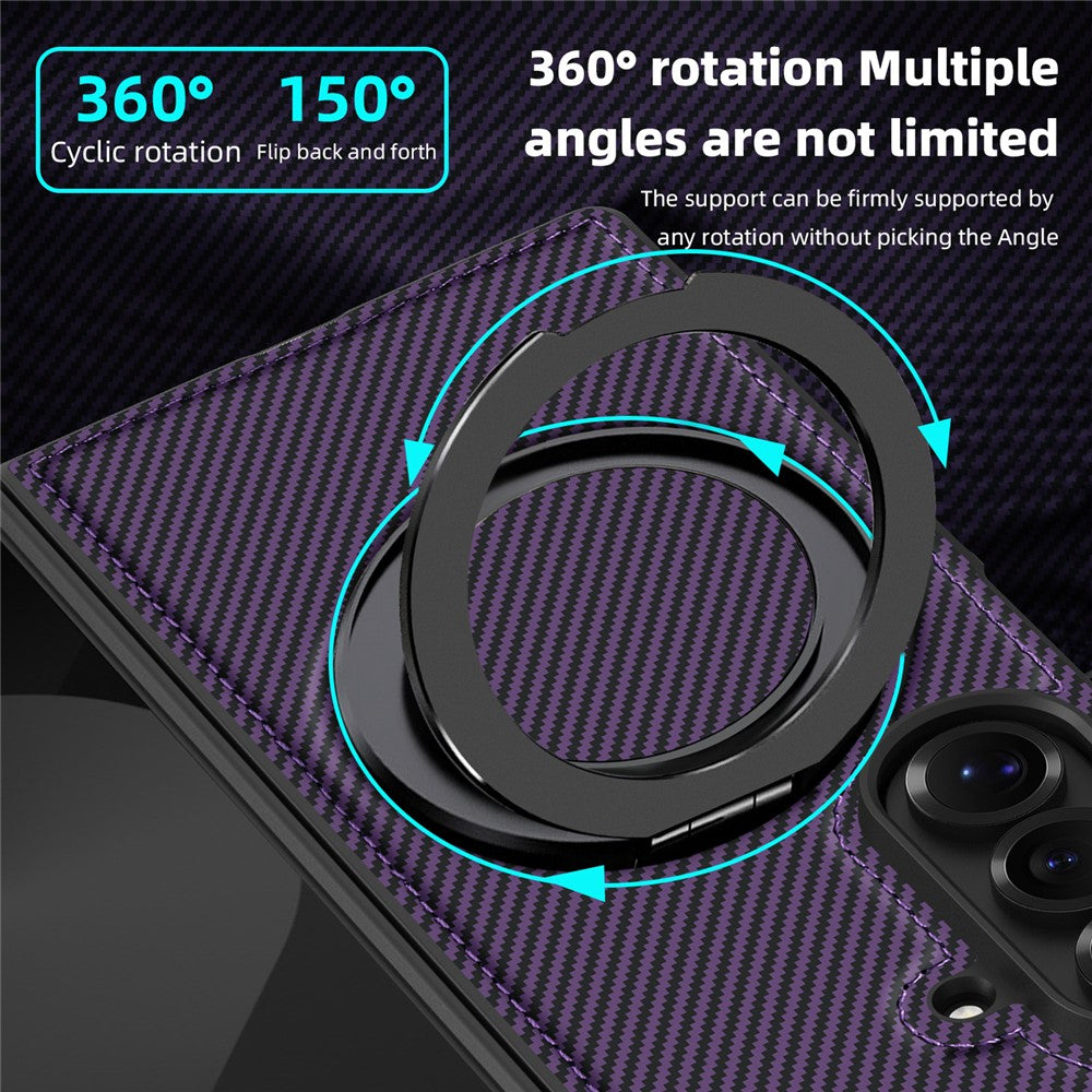 For Samsung Galaxy Z Fold7 5G Magnetic Case Carbon Fiber Texture PU + TPU Kickstand Phone Cover - Dark Purple