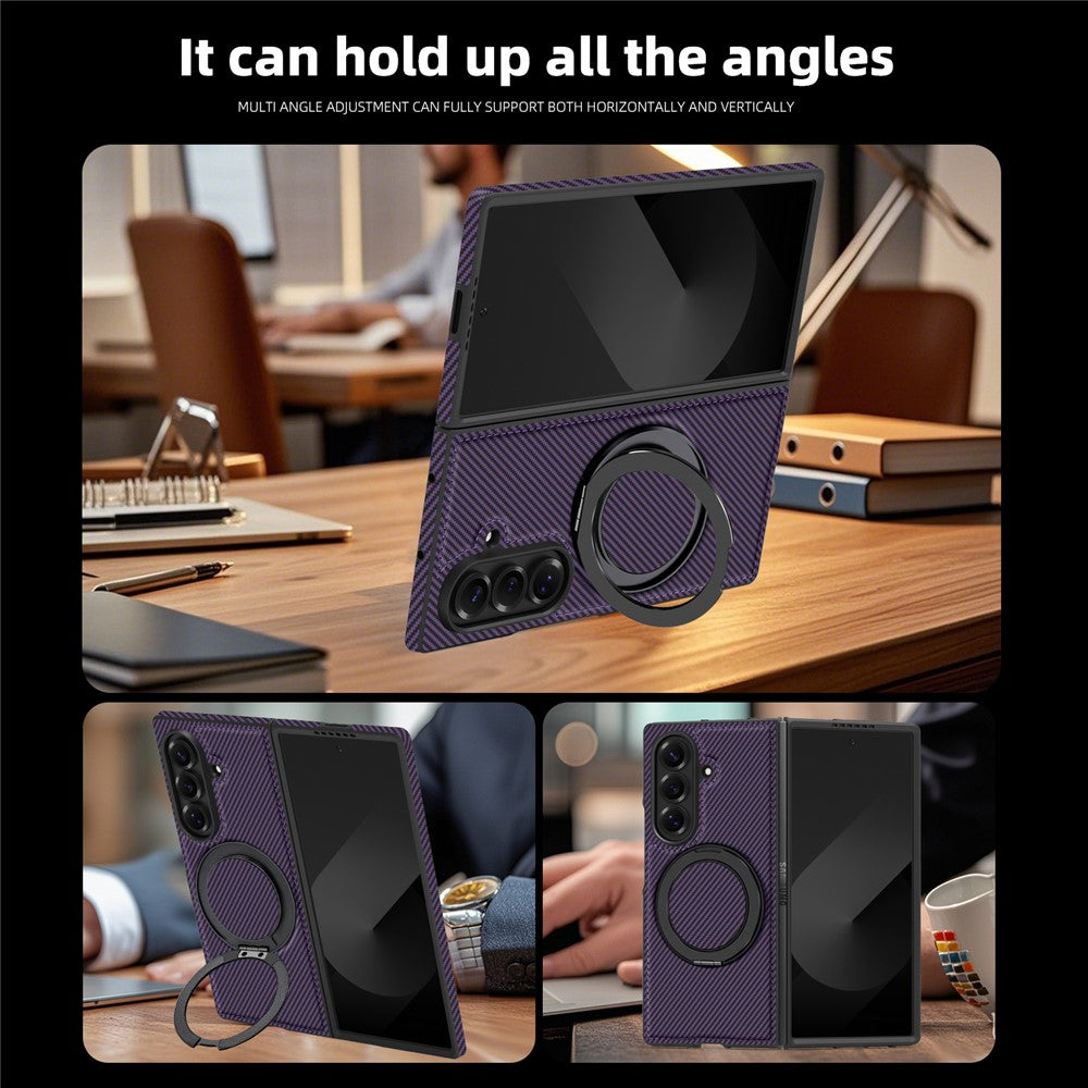 For Samsung Galaxy Z Fold7 5G Magnetic Case Carbon Fiber Texture PU + TPU Kickstand Phone Cover - Dark Purple