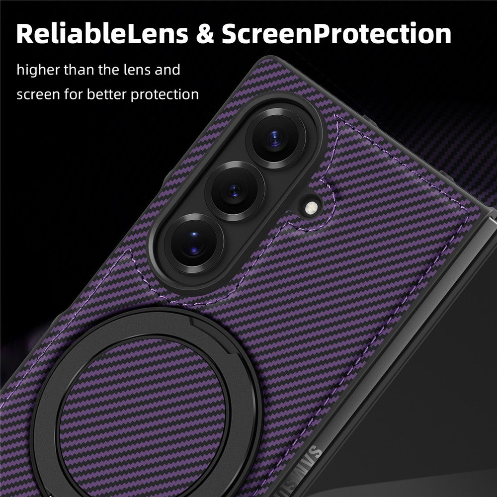 For Samsung Galaxy Z Fold7 5G Magnetic Case Carbon Fiber Texture PU + TPU Kickstand Phone Cover - Dark Purple