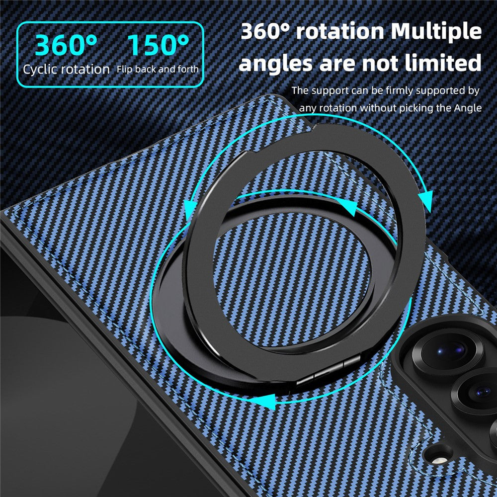 For Samsung Galaxy Z Fold7 5G Magnetic Case Carbon Fiber Texture PU + TPU Kickstand Phone Cover - Blue