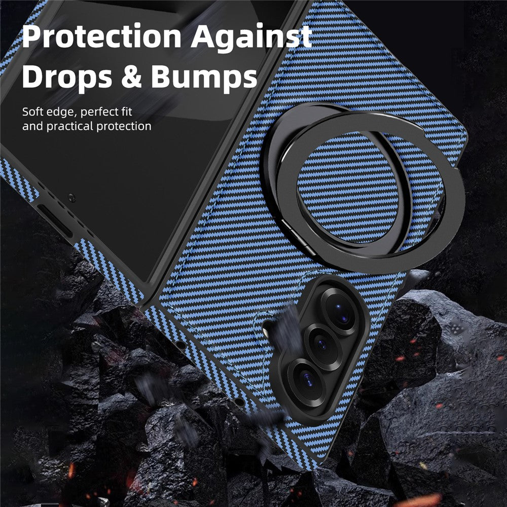 For Samsung Galaxy Z Fold7 5G Magnetic Case Carbon Fiber Texture PU + TPU Kickstand Phone Cover - Blue