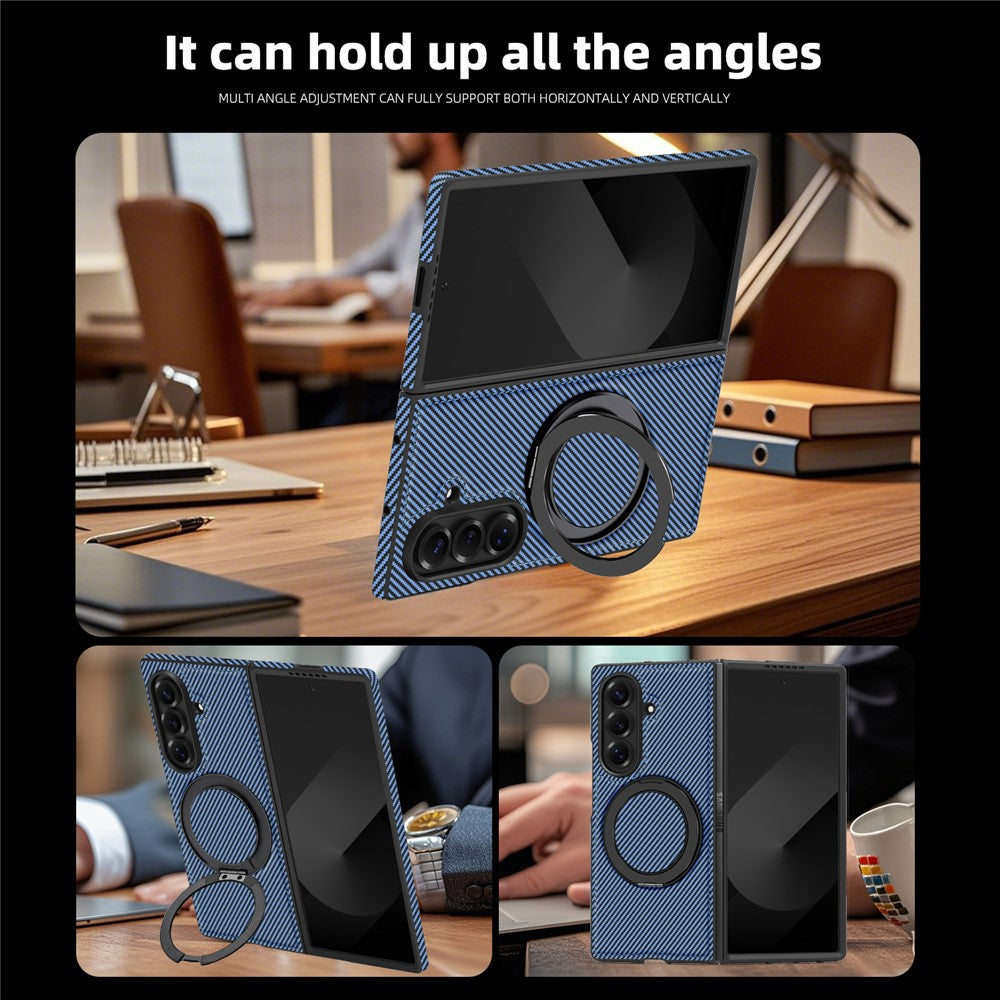 For Samsung Galaxy Z Fold7 5G Magnetic Case Carbon Fiber Texture PU + TPU Kickstand Phone Cover - Blue